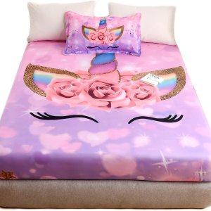 qjmiaofang Juego de sábanas de unicornio tamaño individual, juego de sábanas bajeras de unicornio rosa de 2 piezas para niños y niñas, juego de qjmiaofang Juego de sábanas de unicornio tamaño individual, juego de sábanas bajeras de unicornio rosa de 2 piezas para niños y niñas, juego de