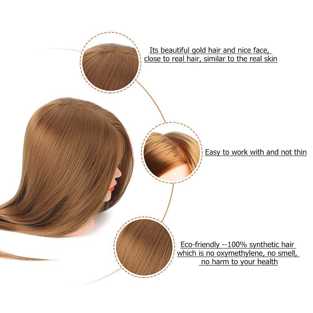 Cabeza de maniquí con cabello, cabeza de muñeca Beauty Star para peinar el cabello, cabello sintético dorado de 20 pulgadas de largo, modelo de