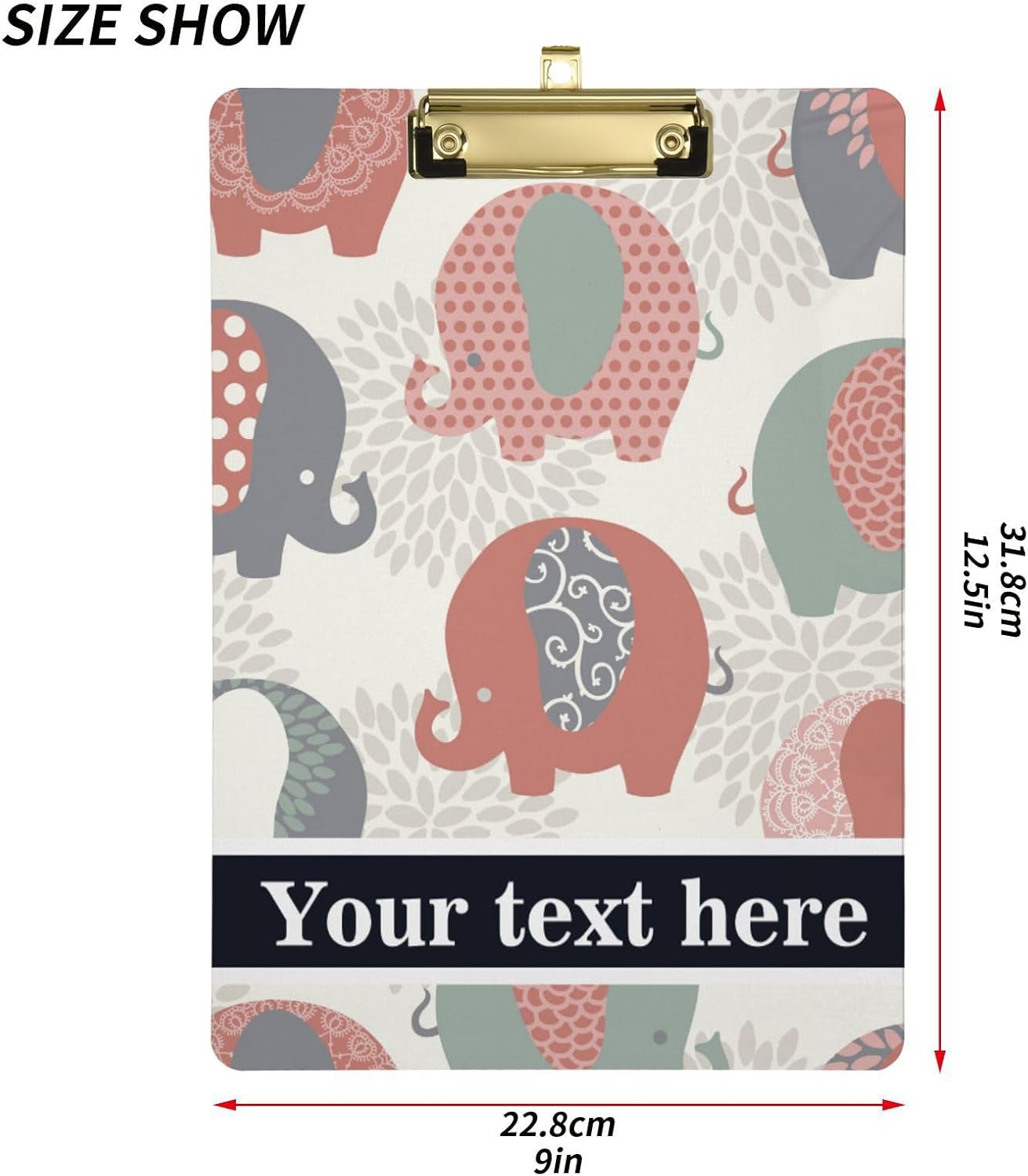 Portapapeles de plástico personalizados con bonitos elefantes coloridos, tamaño carta estándar, cartón personalizado con clip de metal de perfil