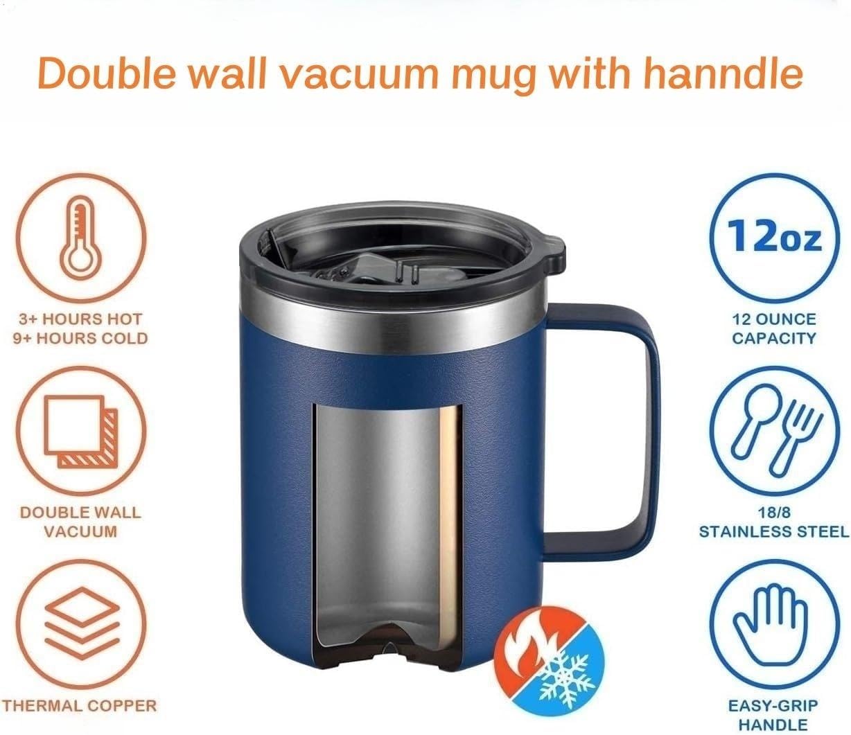 Gteller Taza de café de 12 onzas con asa, vaso de acero inoxidable de doble pared aislado Lowball que mantiene el calor y el frío (azul marino)