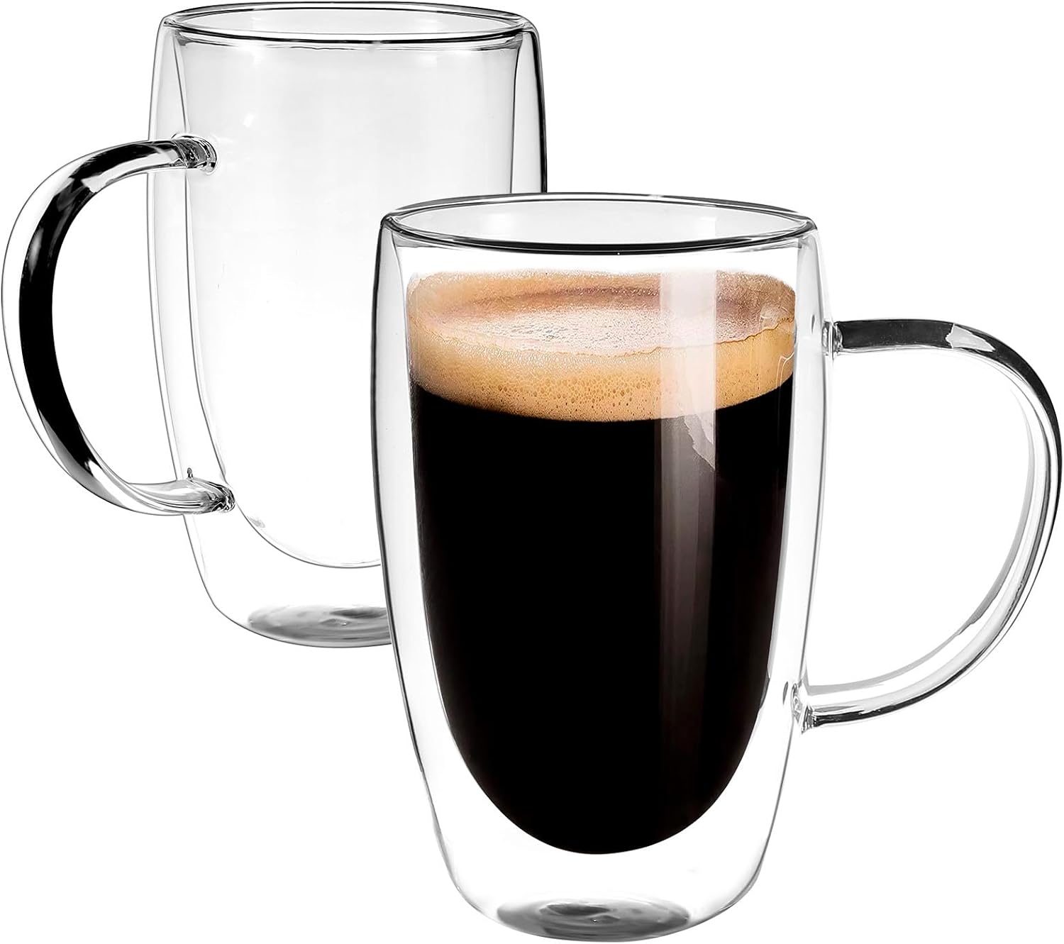 EYE4TECHS Juego de 2 tazas de café redondas con aislamiento de doble pared de vidrio transparente, tamaño grande de 16 onzas, la mejor taza de café