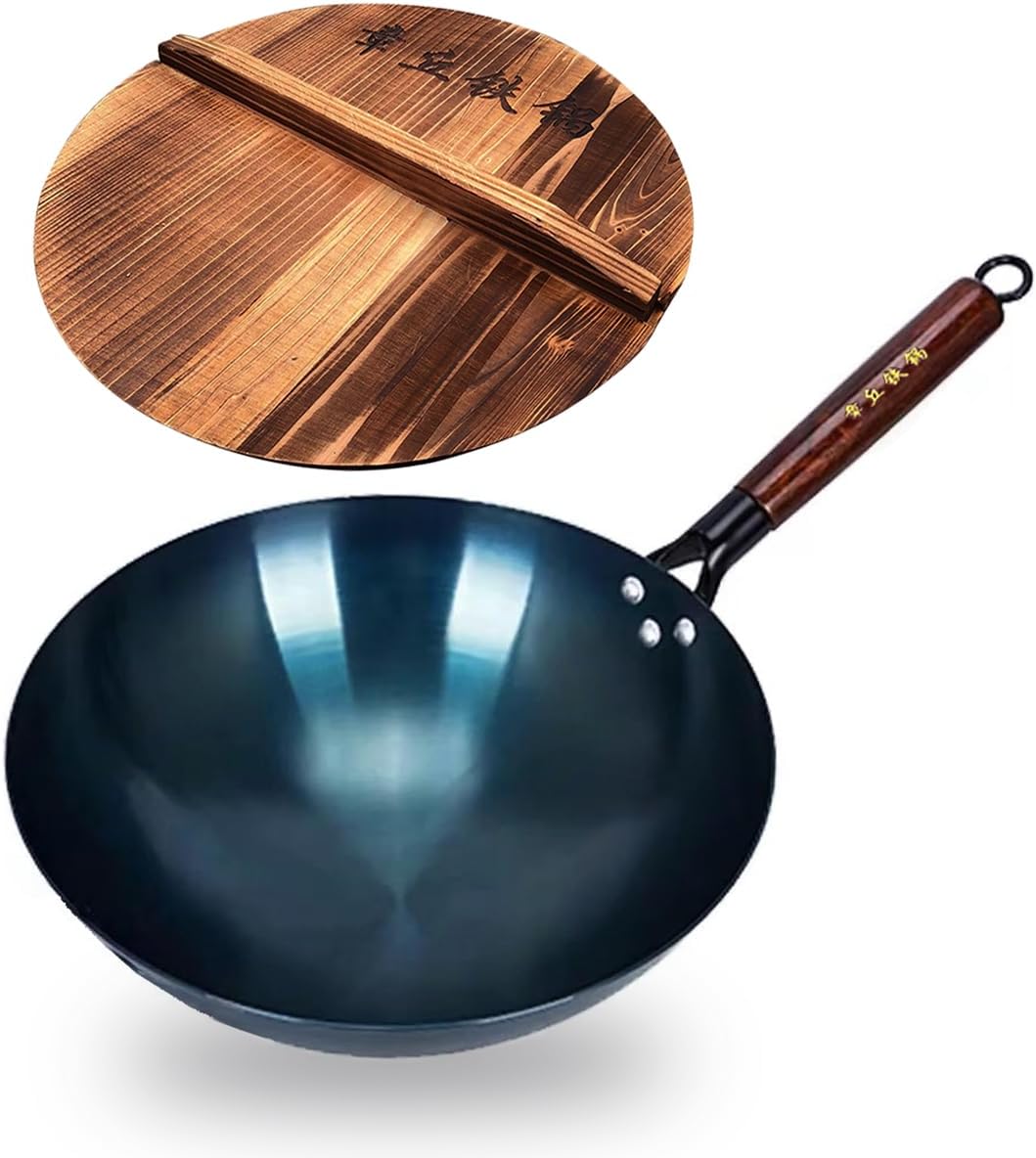 TKRADISH Wok de hierro fundido de 14 pulgadas, woks chinos de hierro martillado a mano con mango de madera y tapa, sartenes grandes antiadherentes,