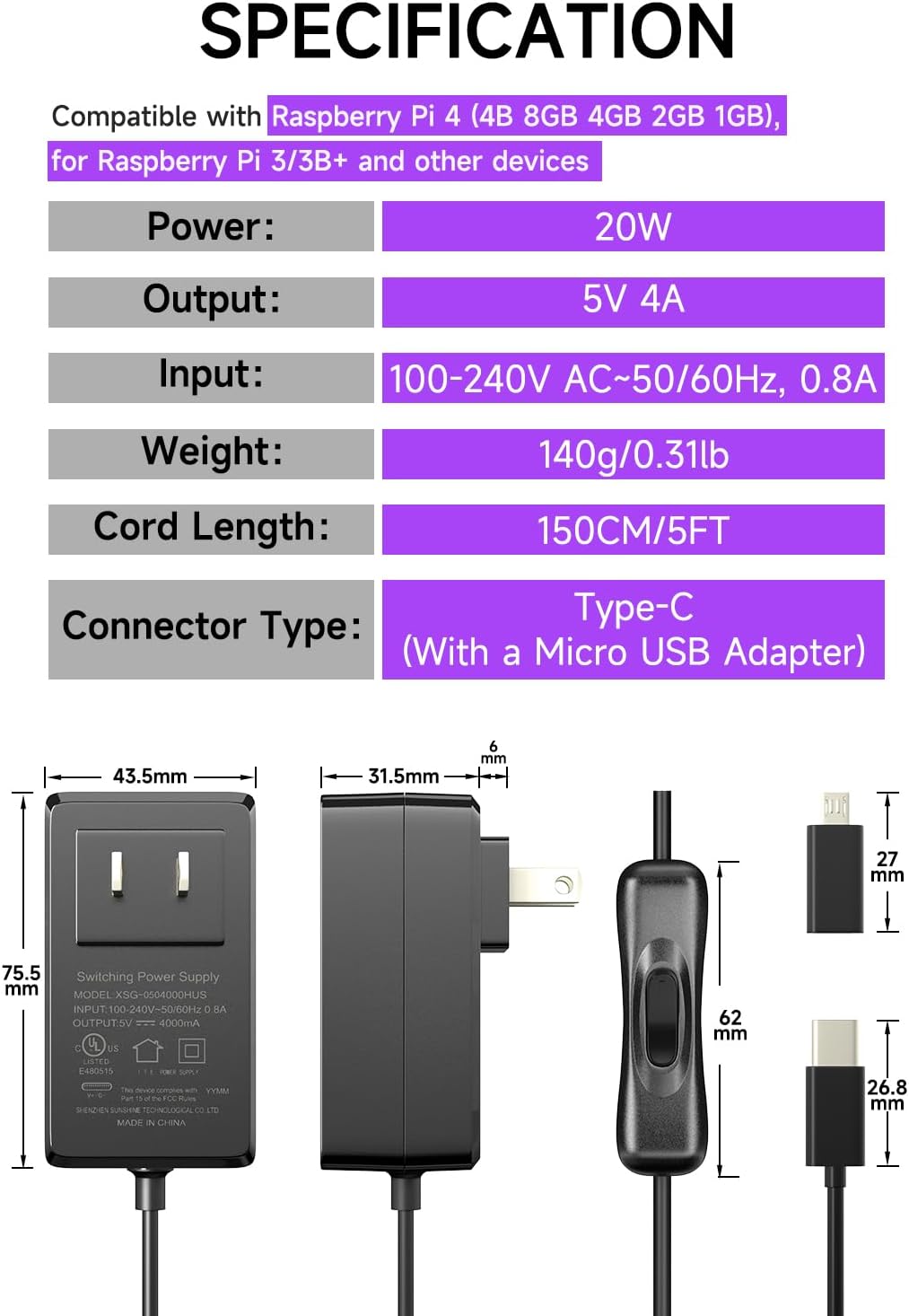 Smraza Fuente de alimentación de 5V 4A 20W compatible con Raspberry Pi 4 Modelo B 8GB 4GB 2GB 1GB, fuente de alimentación tipo C con interruptor de