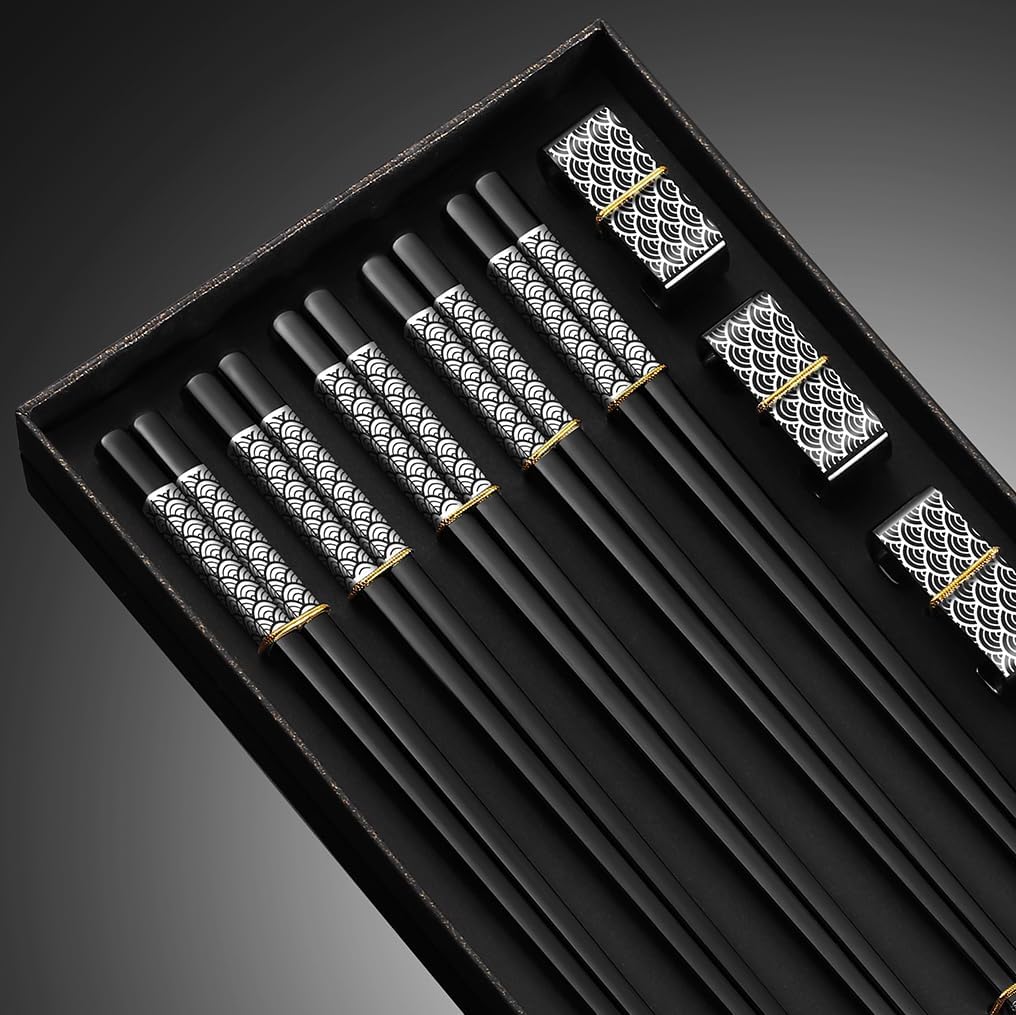 Palillos de metal reutilizables, 5 pares de palillos chapados en titanio, acero inoxidable 188 con soporte, aptos para lavavajillas, ligeros, estilo