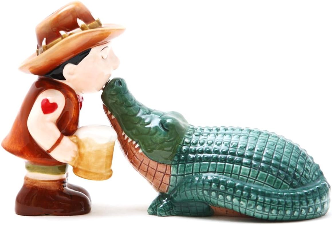 Pacific Giftware Croc Crocodile and Outback Bloke Cowboy – Juego de salero y pimentero magnético, SP