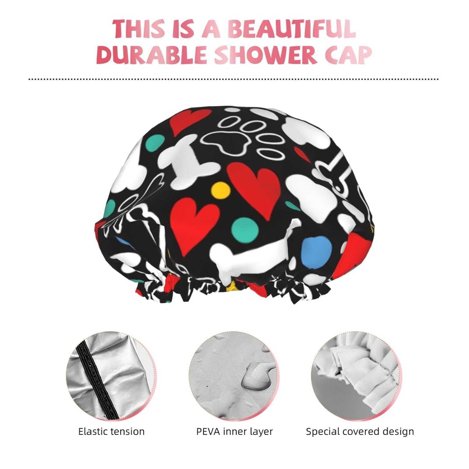 Love Heart Paw Shower Cap Reusable Waterproof,Shower Caps For Women With Double Hair Caps,Bathing Cap Hair Cap For Shower