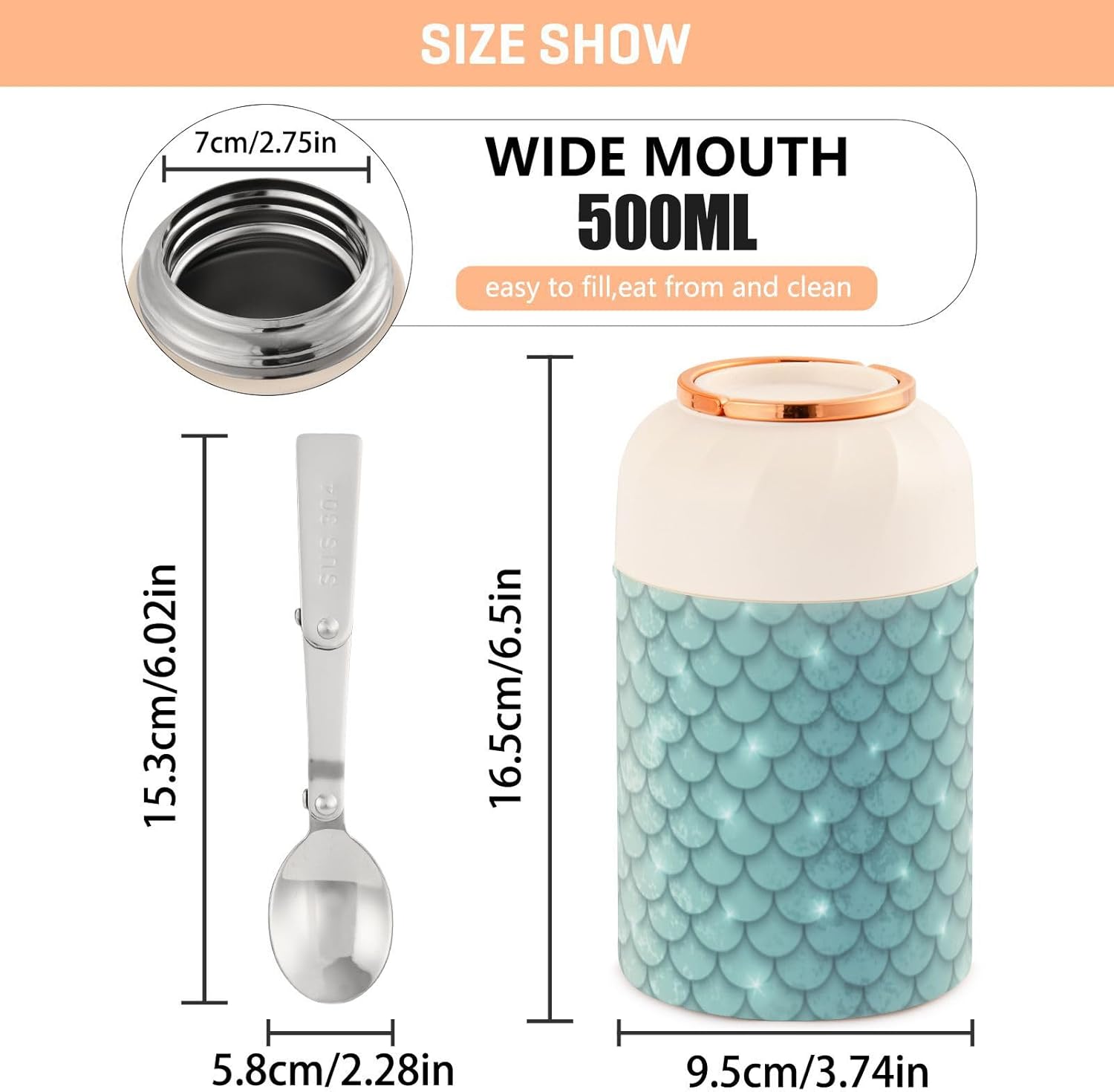 Shiny Mermaid Scales Green Kids Womens Lunch Insulated Jar with Spoon 17oz500ml Containers For Hot Food Stainless Steel Vacuum Vacuum Insulated