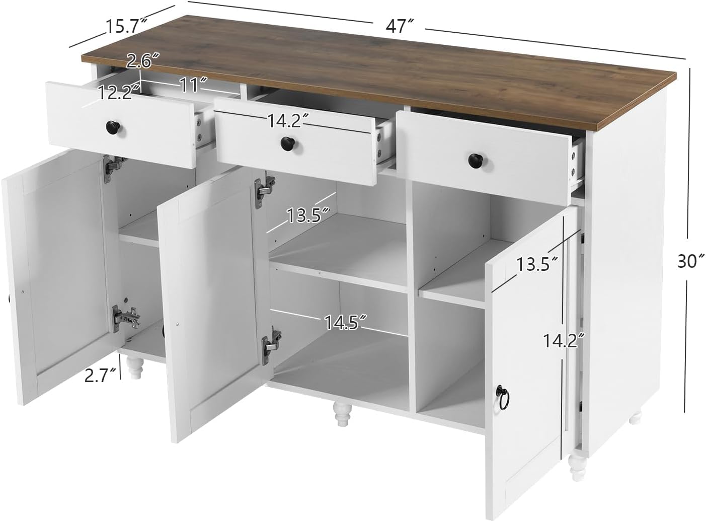 4 EVER WINNER Gabinete de barra de café con almacenamiento, gabinete de buffet de mediados de siglo con 3 cajones de almacenamiento y patas de