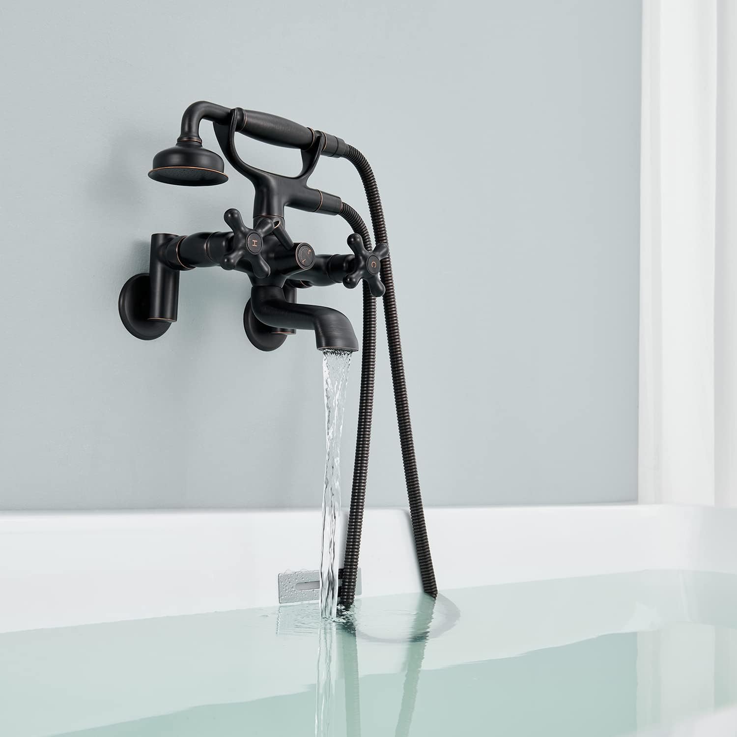 Clawfoot – Grifo de bañera de montaje en pared, bronce aceitado, grifos de bañera de latón vintage con ducha de mano en forma de teléfono