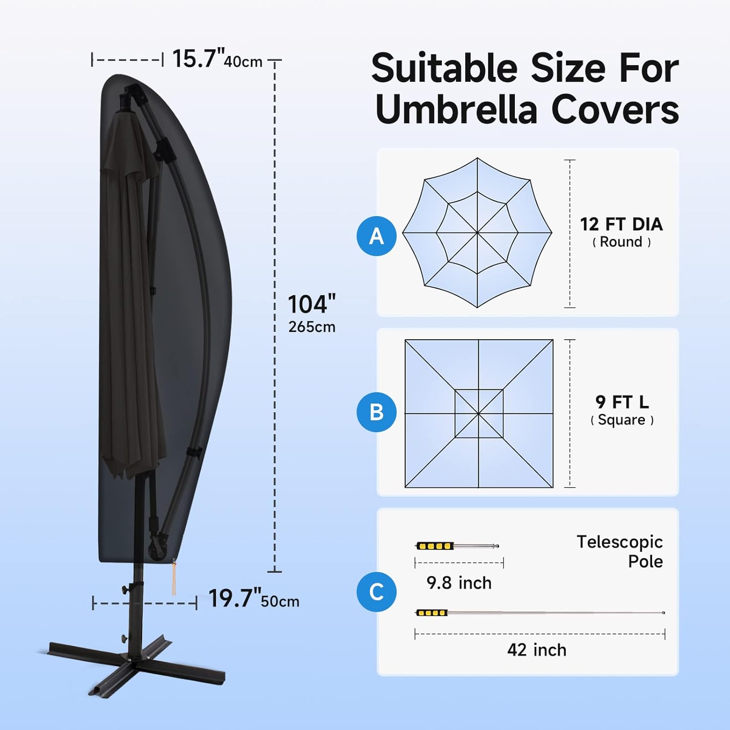 NEVERLAND Funda para paraguas de tela Oxford para sombrilla de patio al aire libre con tira de brillo nocturno, fundas impermeables para sombrilla