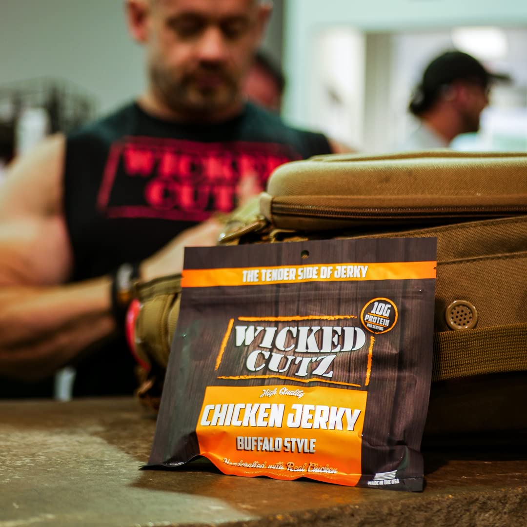 Buffalo Chicken Jerky  Carne seca de pollo tierna, sabrosa y fácil de masticar para personas con 0.77 onzas de proteína por bolsa, aperitivos altos