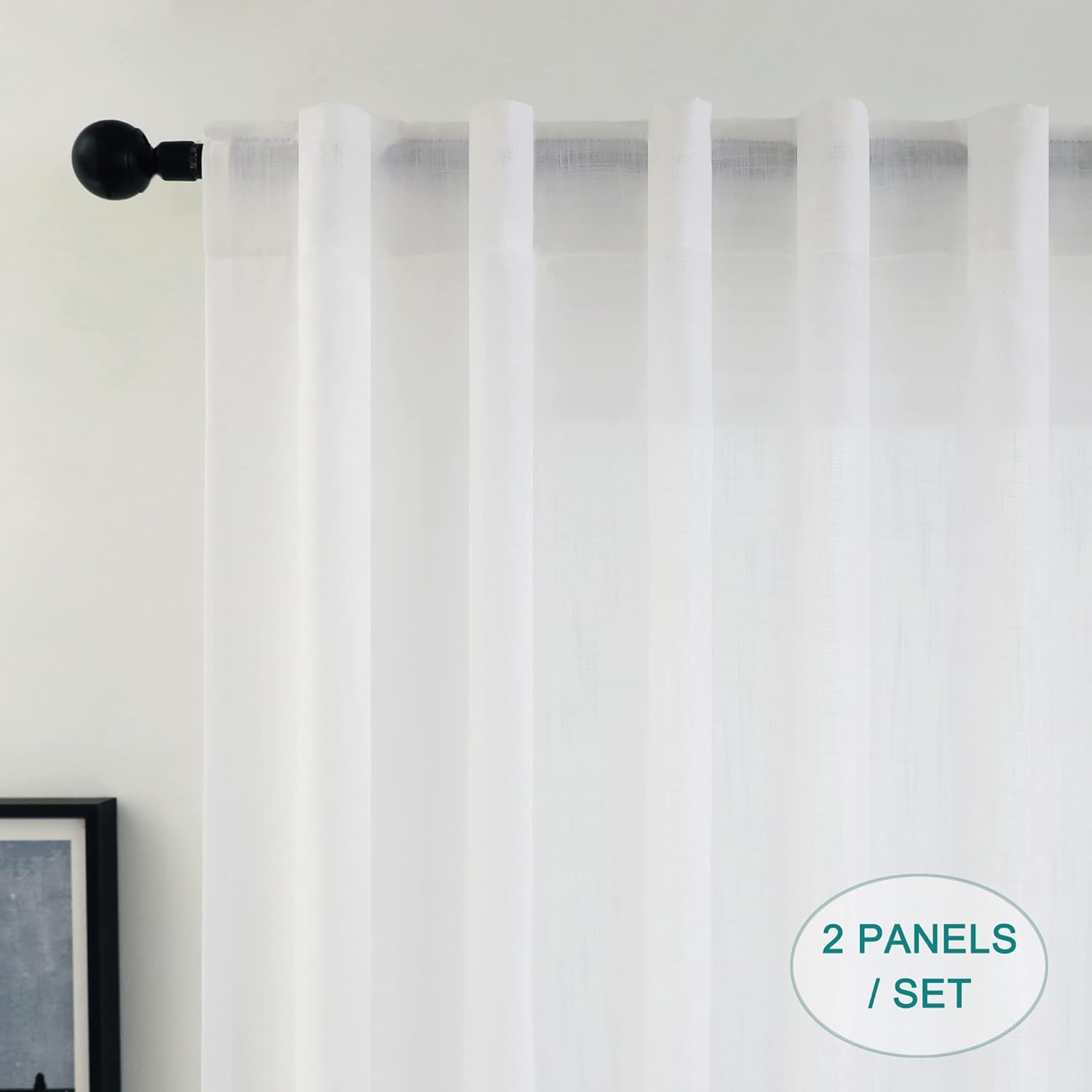 Hoydumuia Cortinas de lino blanco puro de 63 pulgadas de largo con pestaña trasera, bolsillo con lazo y textura de algodón, juego de 2 paneles de
