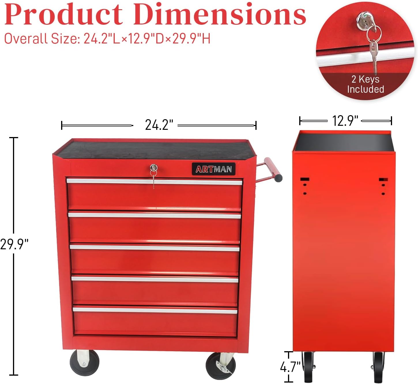 Caja de herramientas con ruedas de 5 cajones con ruedas, carrito de herramientas multifuncional, gabinete de almacenamiento de herramientas