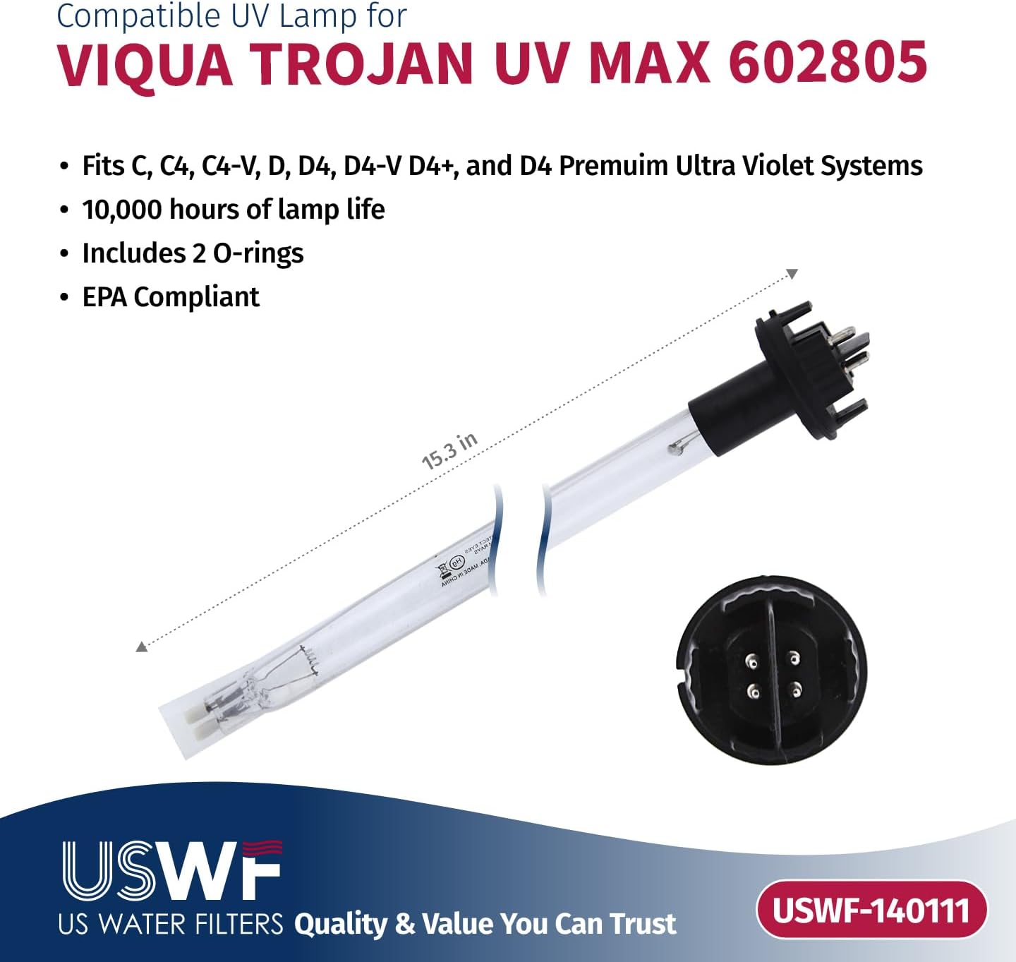 602810-102 Combo de lámpara UV de repuestofunda  Compatible con los sistemas UV VIQUA CC4DD+D4D4  Fabricado en los Estados Unidos US Water Filters