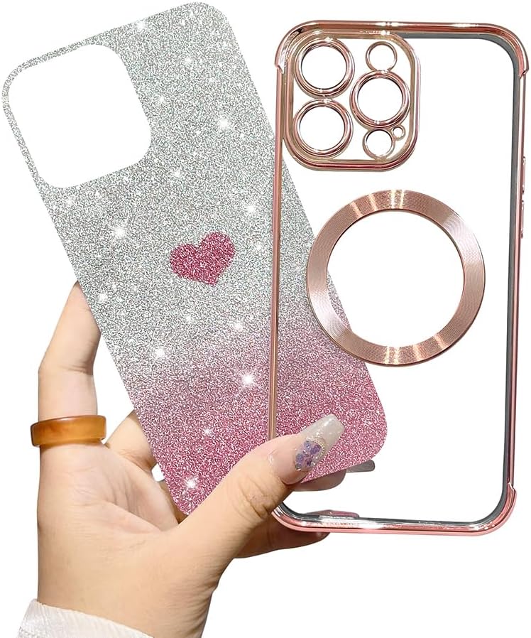 AIGOMARA Funda magnética transparente con purpurina para iPhone 15 Pro Max, compatible con Magsafe, cubierta de TPU suave chapado de lujo con