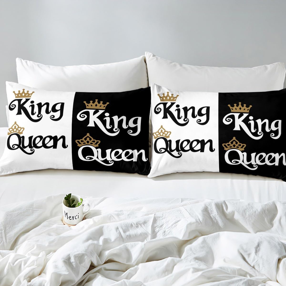 Juego de sábanas de 4 piezas con diseño de corona de dibujos animados, tamaño Queen, King, para parejas, amantes de parejas, adolescentes, mujeres,