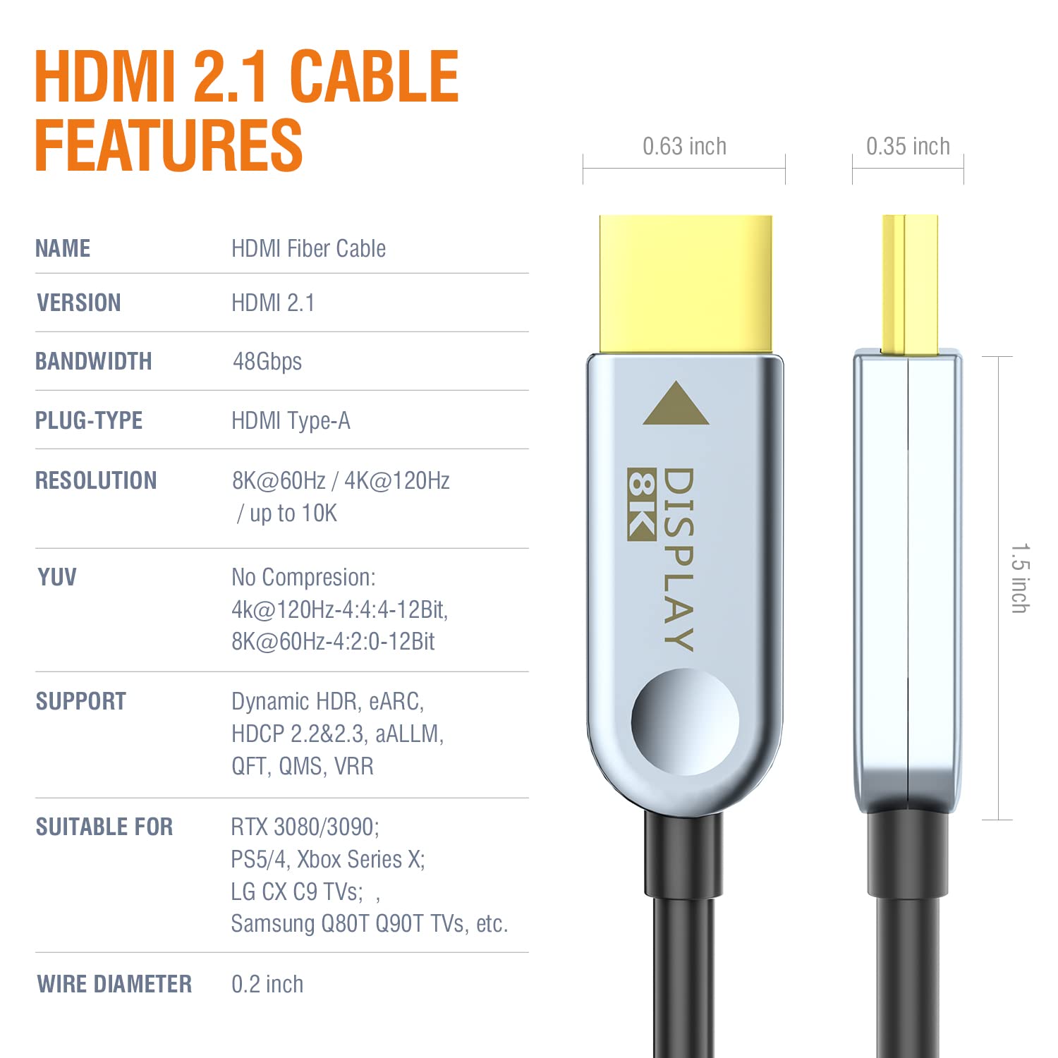 8K HDMI 2.1 Cable de fibra óptica 100 pies en pared de alta velocidad 48Gbps cable HDMI 8K60Hz 4K120Hz delgado delgado flexible