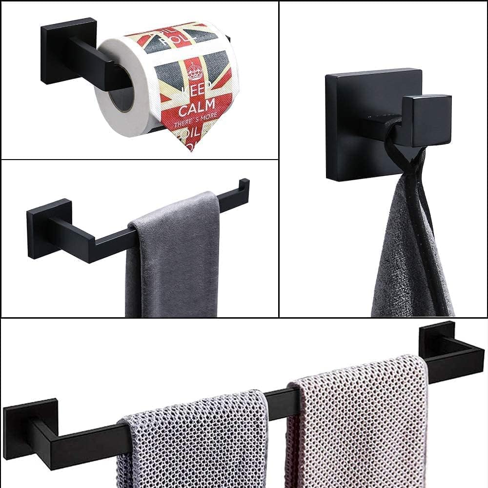 Juego de 4 piezas de accesorios de baño de color negro mate cuadrado de acero inoxidable SUS304 montado en la pared, incluye toallero de 24