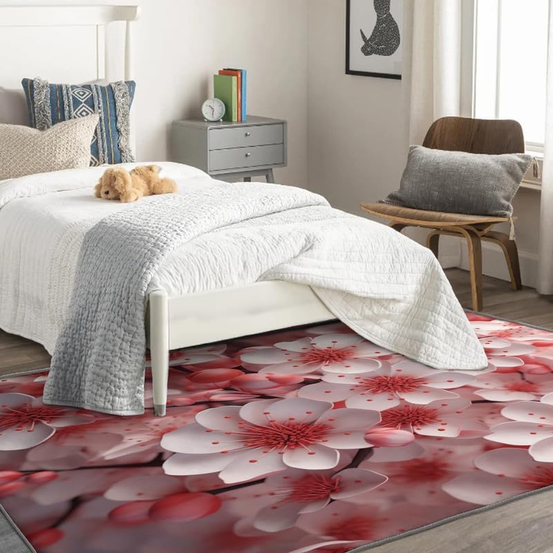 Alfombras lavables para sala de estar, dormitorio, alfombra en flor de cerezo y decoración del hogar, alfombra de área rosa Sakura de 5 x 8 pies,