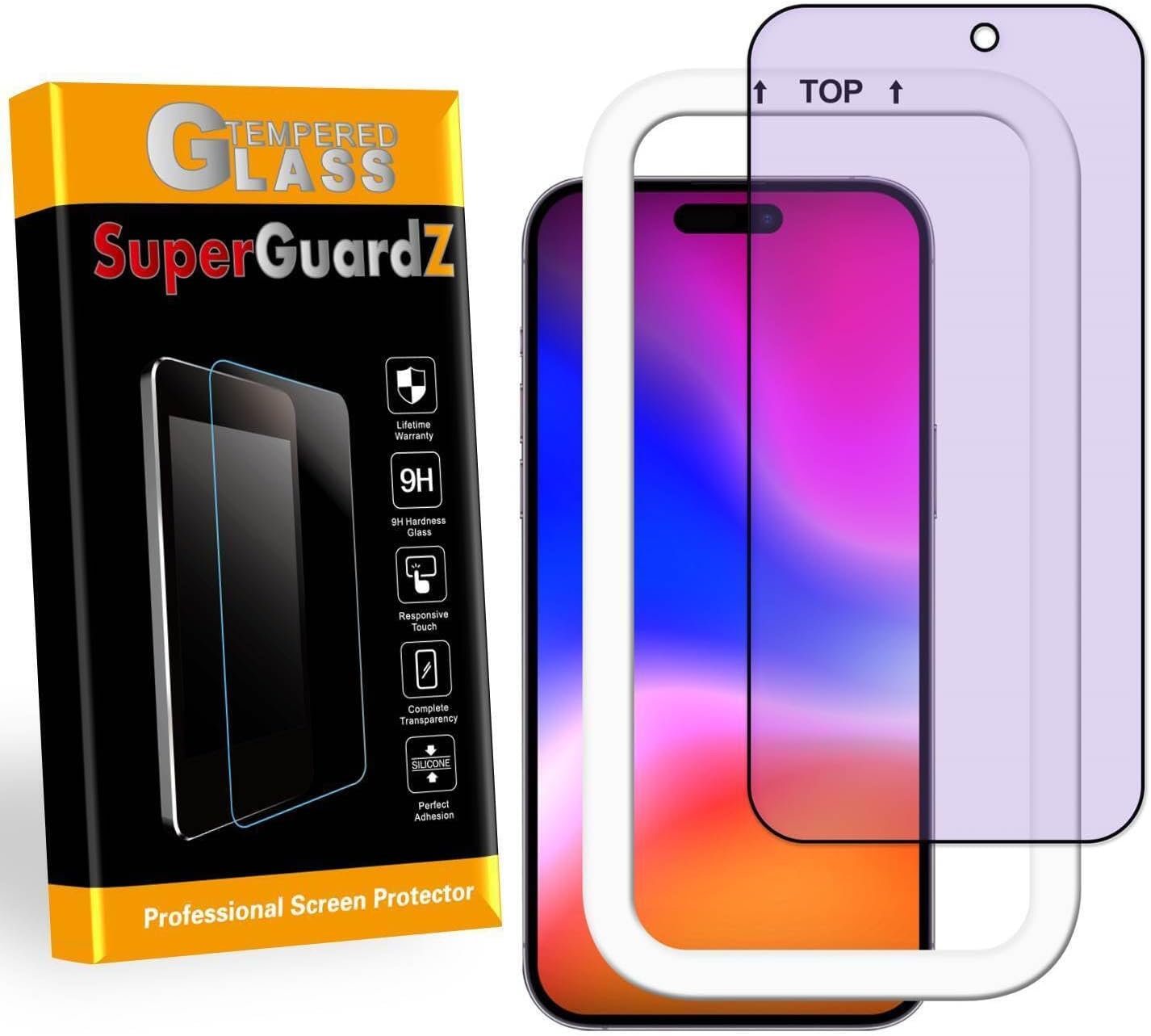 SuperGuardZ Paquete de 2 protectores de pantalla de cubierta completa para iPhone 15 Pro Max, vidrio templado antiluz azul, protección para los