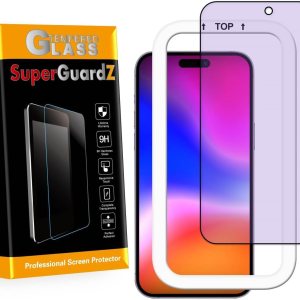 SuperGuardZ Paquete de 2 protectores de pantalla de cubierta completa para iPhone 15 Pro Max, vidrio templado antiluz azul, protección para los SuperGuardZ Paquete de 2 protectores de pantalla de cubierta completa para iPhone 15 Pro Max, vidrio templado antiluz azul, protección para los
