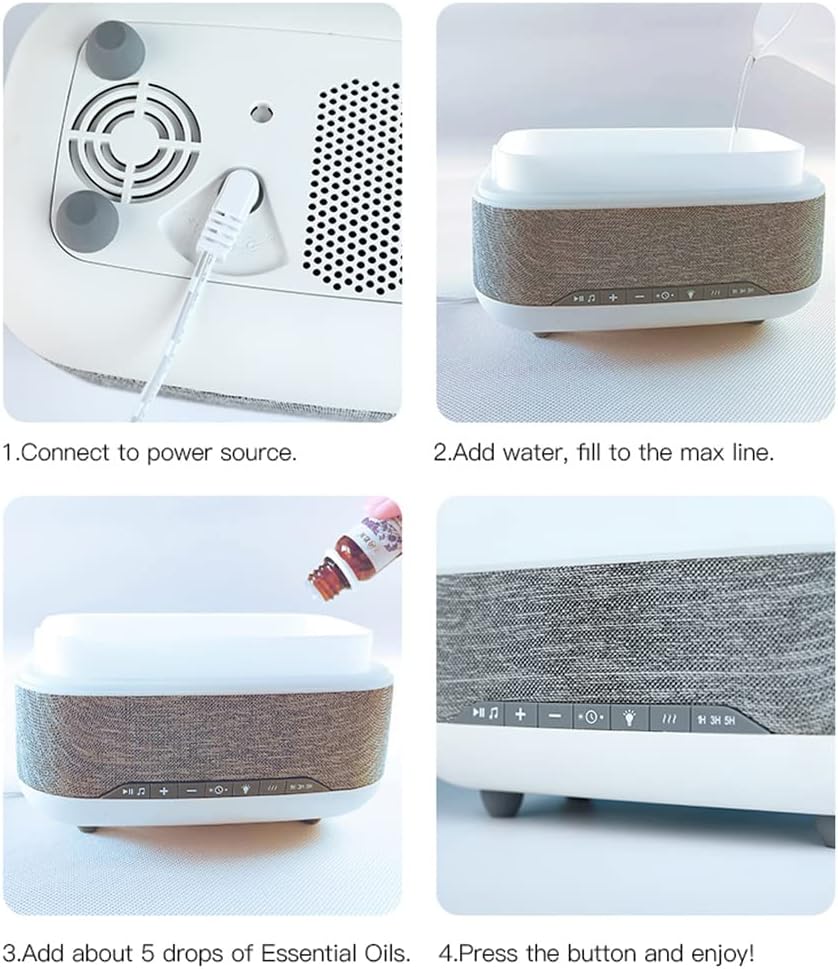Difusor de aceite esencial y humidificador con reloj de altavoz, luces nocturnas de humor de 7 colores, aromaterapia eléctrica de niebla fría para