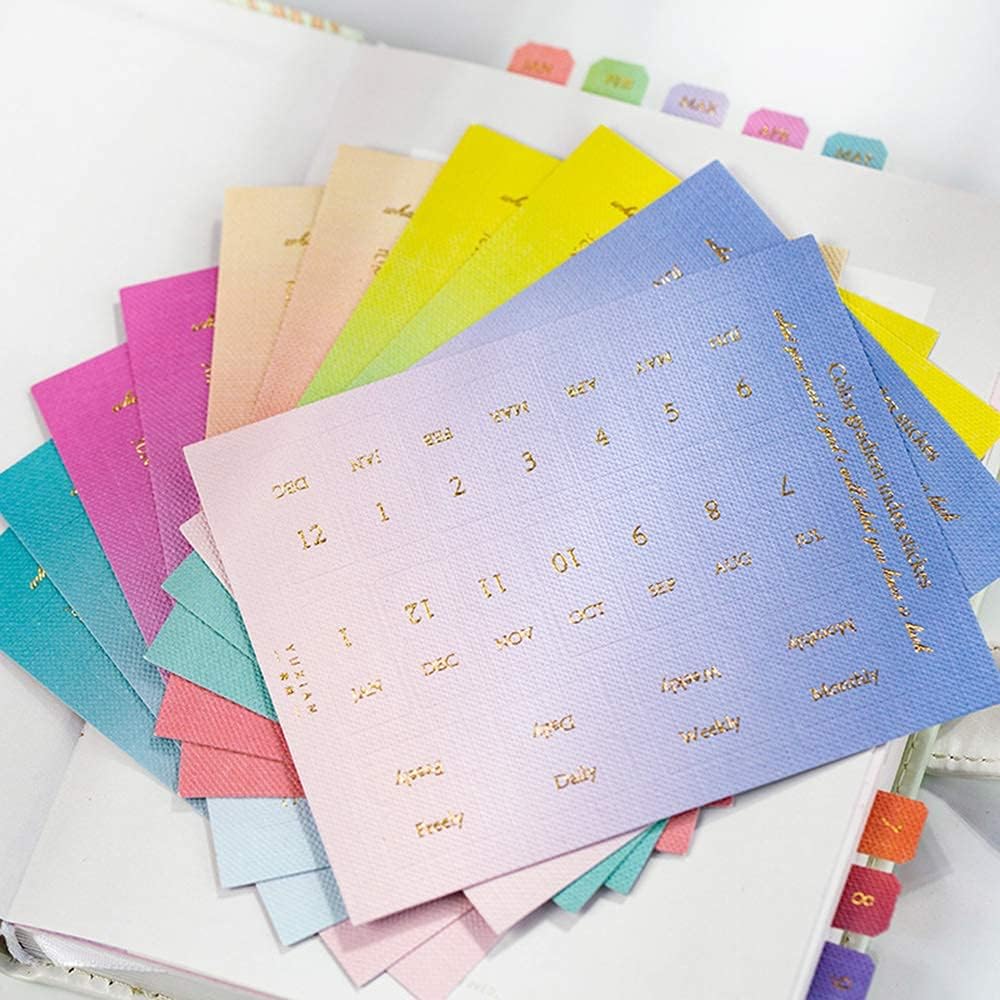 10 hojas autoadhesivas de color degradado, pestañas de índice de calendario mensual para planificadores, diarios, cuadernos, agendas y