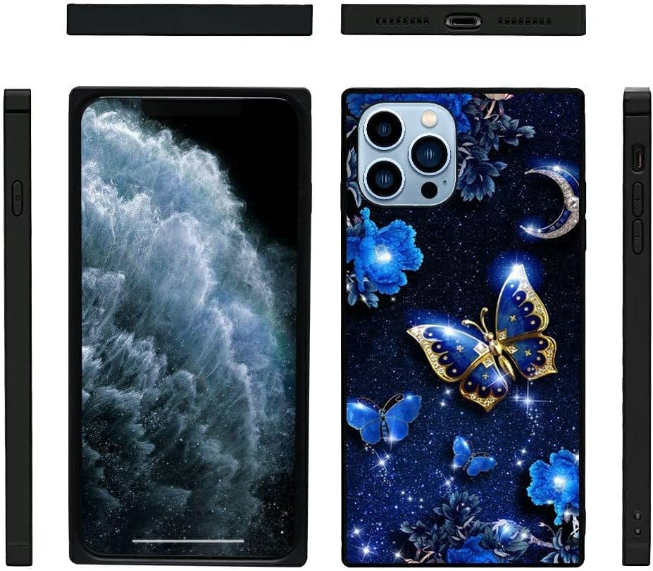Funda cuadrada compatible con iPhone 13 Pro Max, elegante funda de mariposa azul para iPhone 13 Pro Max para niñas y mujeres, patrón de moda con