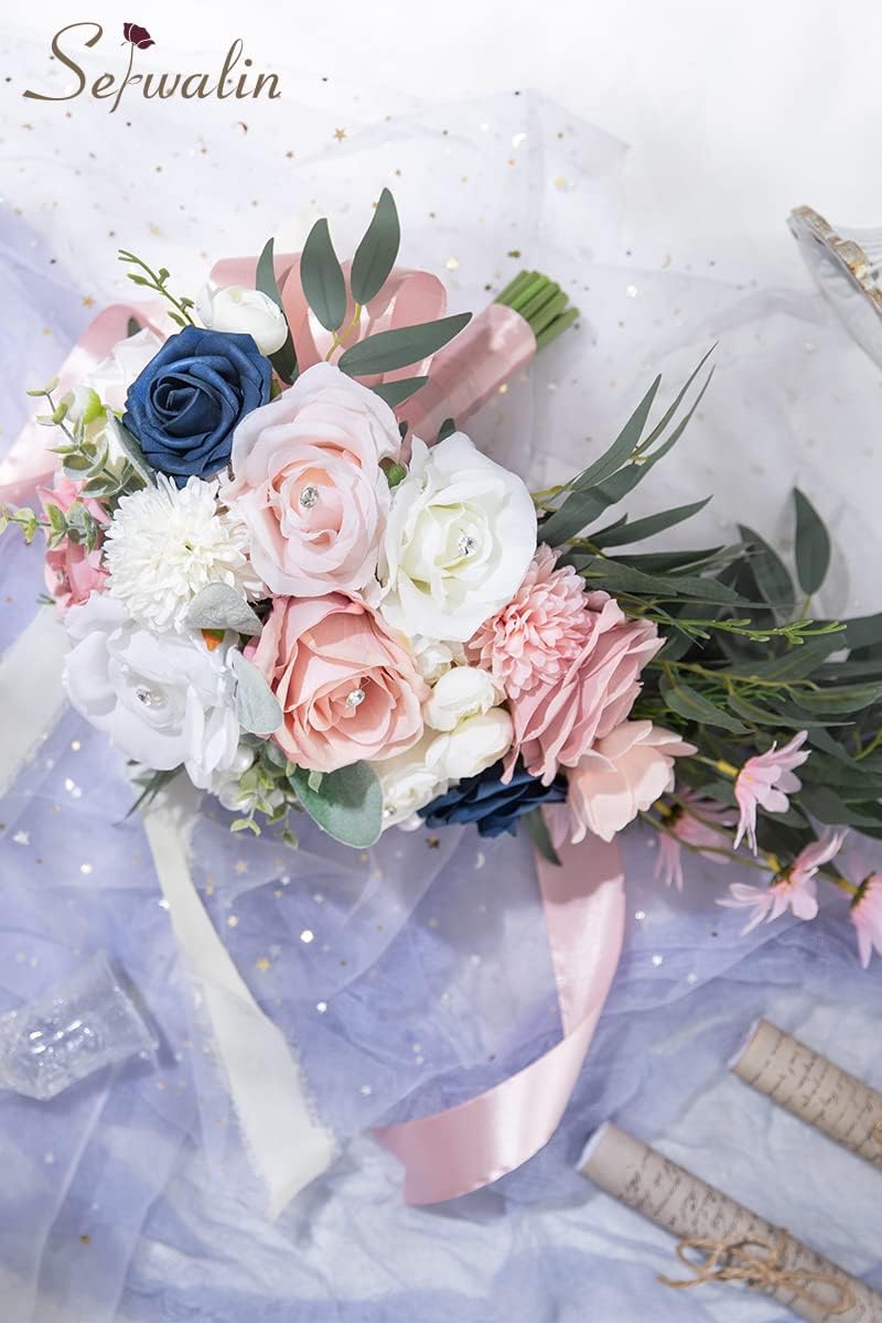 Serwalin Ramos de flores artificiales de 9.8 pulgadas y ramillete de muñeca para novia, ramo de novia para ceremonia de boda, aniversario,