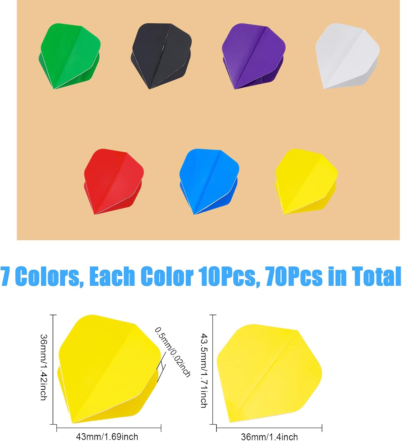CHGCRAFT 70 vuelos de dardos de 7 colores estándar de repuesto para dardos de punta de acero y dardos de punta suave, 1.693 x 1.417 x 0.020 in