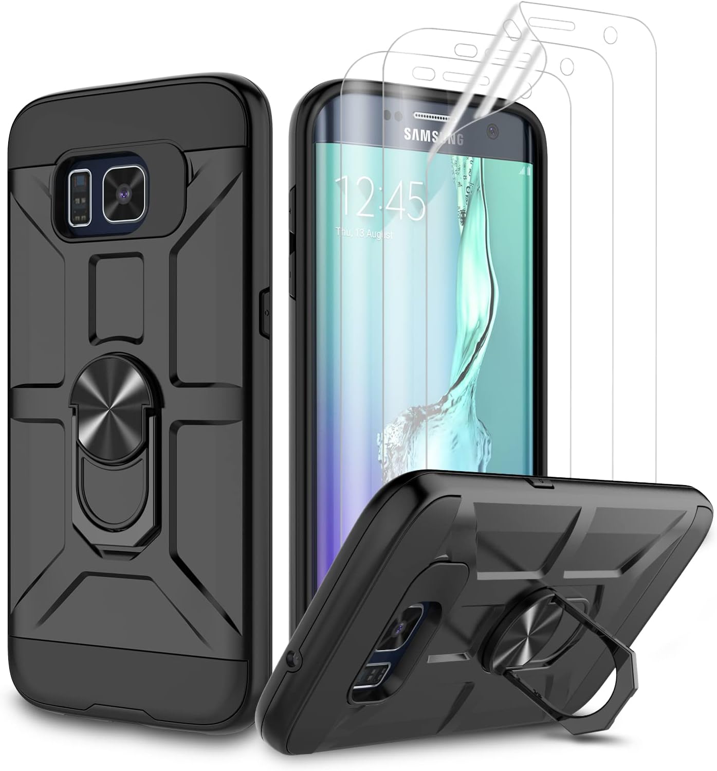 Funda para Galaxy S6 Edge Plus, Galaxy S6 Edge + con 3 protectores de pantalla suave HD, soporte de anillo integrado y soporte magnético para