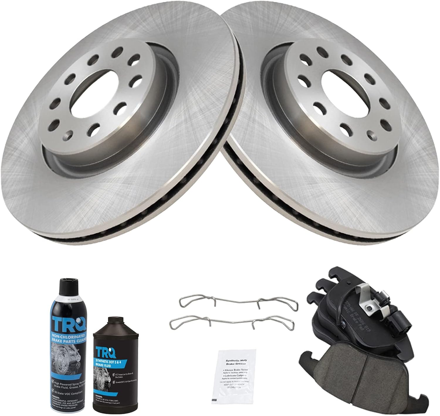 TRQ Kit de pastillas de freno y rotor de cerámica delantera con productos químicos compatibles con VW Tiguan Passat Audi Q3