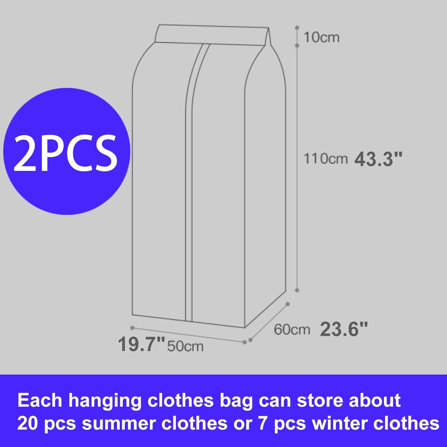 Paquete de 2 bolsas grandes transparentes para colgar ropa de 43 pulgadas para almacenamiento de ropa bien sellada, cubierta antipolvo con para