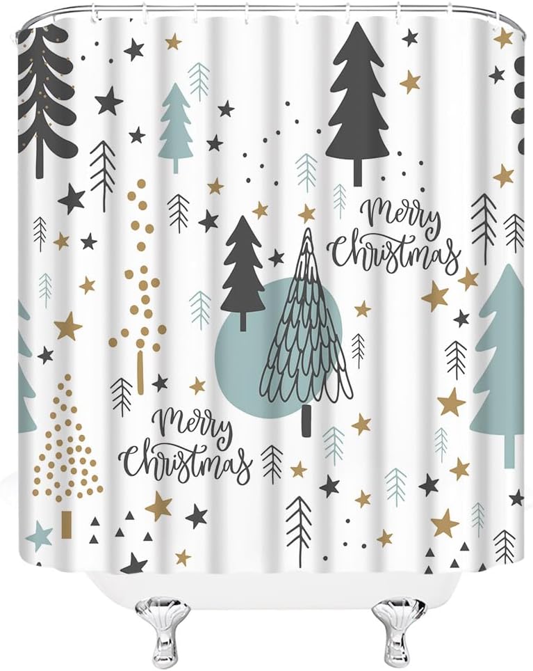 Cortina de ducha para árbol de Navidad, árbol de Navidad, bosque de pinos, copos de nieve, estrellas, invierno, vacaciones, festival, adolescentes,