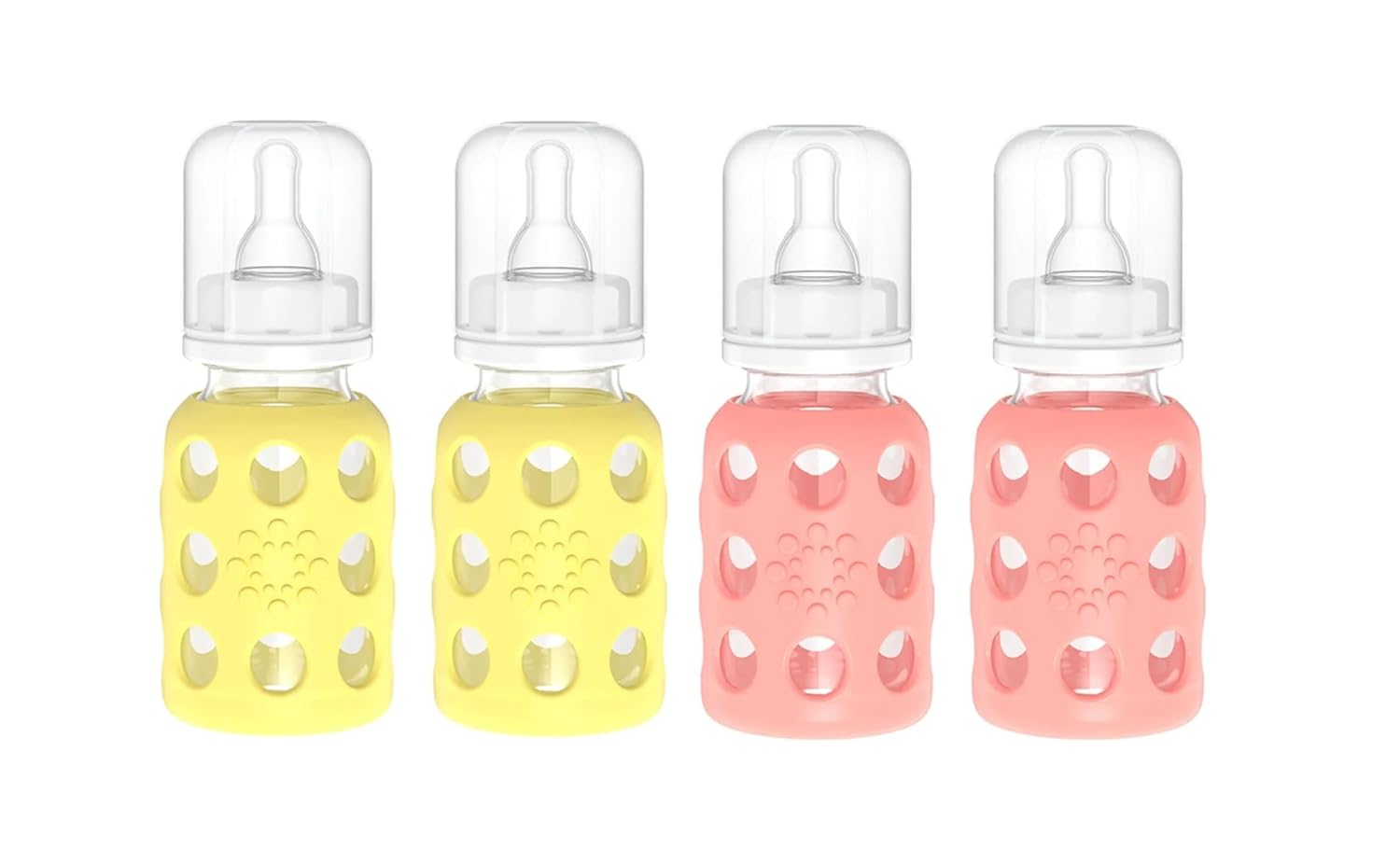 Lifefactory Biberones de vidrio con protección de silicona, paquete de 4, 4 onzas cada biberón (2 plátanos y 2 melón)