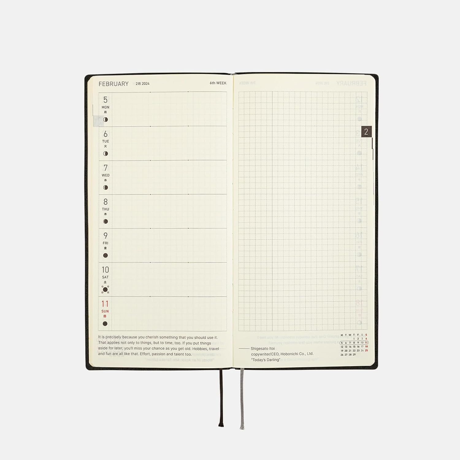 Hobonichi Techo Weeks InglésAlto y Delgado TamañoInicio de enero de 2024 Línea blanca Negro