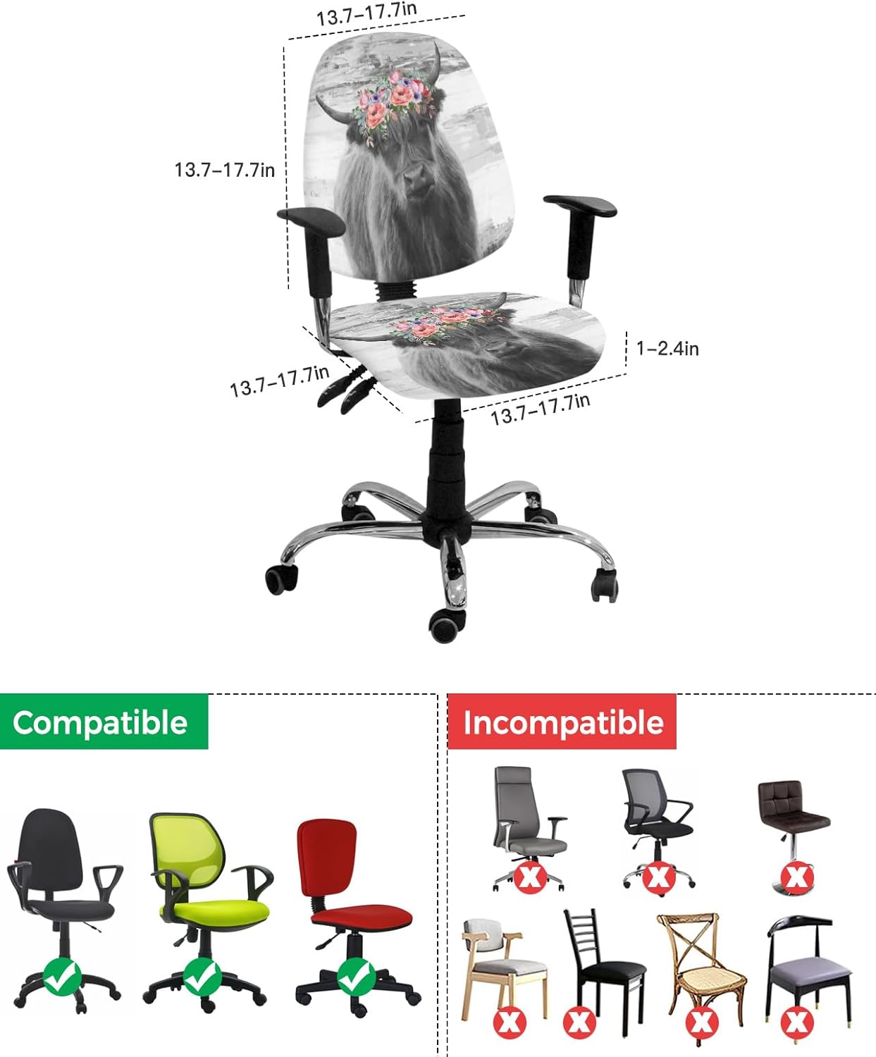 Fundas para silla de computadora de oficina, vaca de las tierras altas con corona, protector y elástico, resistente al agua, fundas de asiento