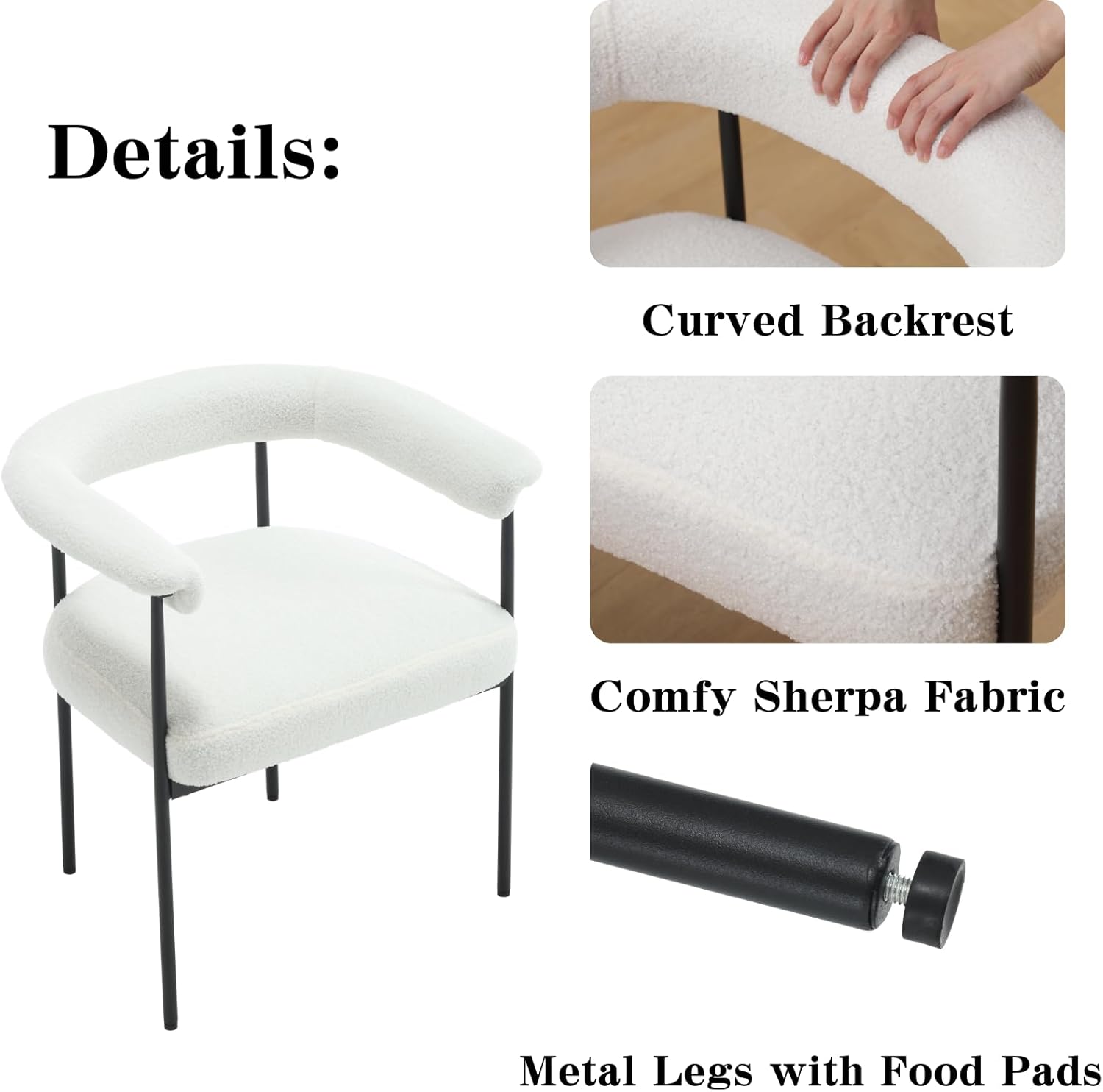 LukeAlon Juego de 2 sillas de comedor Sherpa, sillas de cocina tapizadas con respaldo abierto con patas de metal negro, respaldo curvado, sillas de