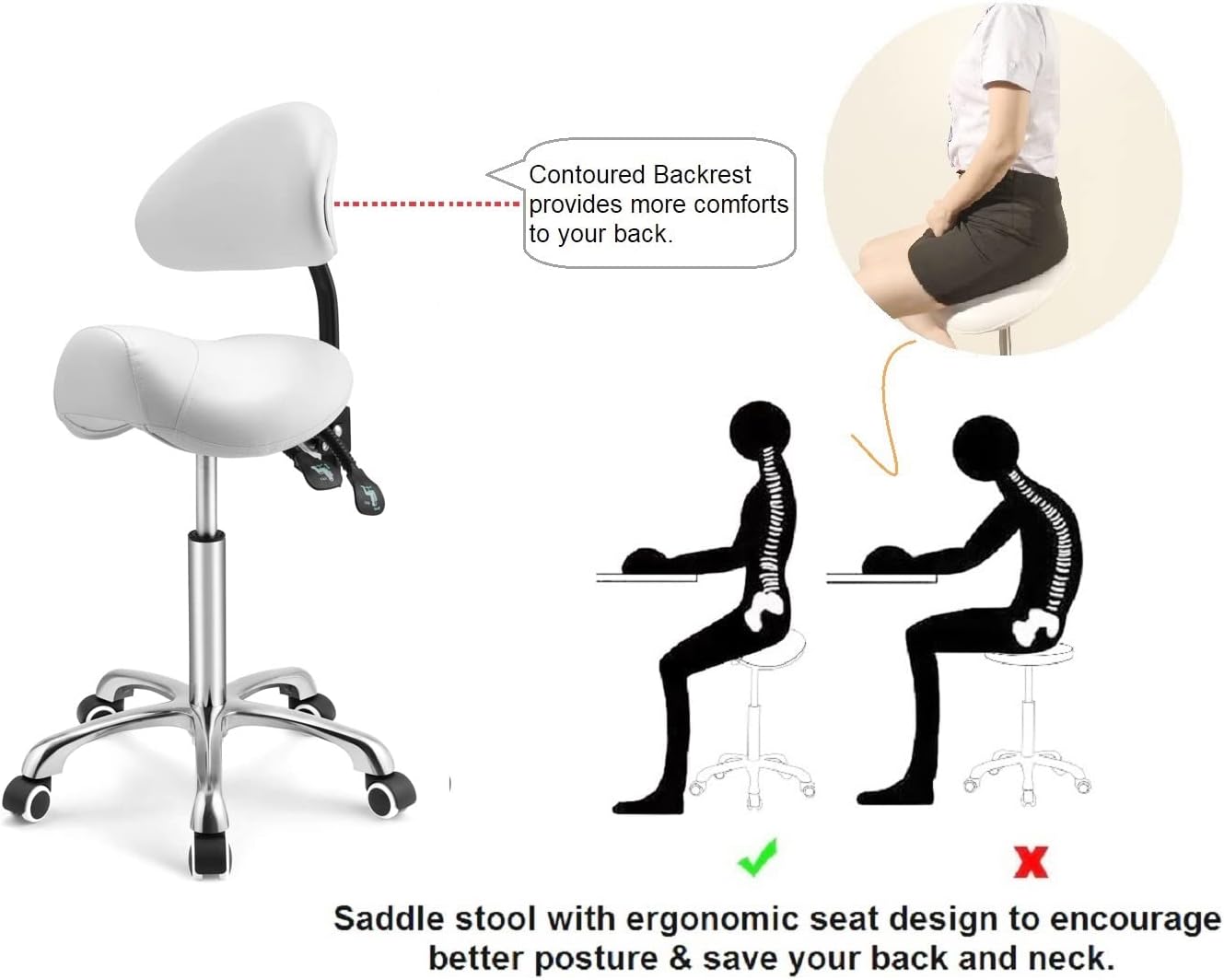 Kaleurrier Taburete giratorio de altura ajustable con ruedas, taburete antifatiga resistente, silla ergonómica para laboratorio, clínica, dentista,