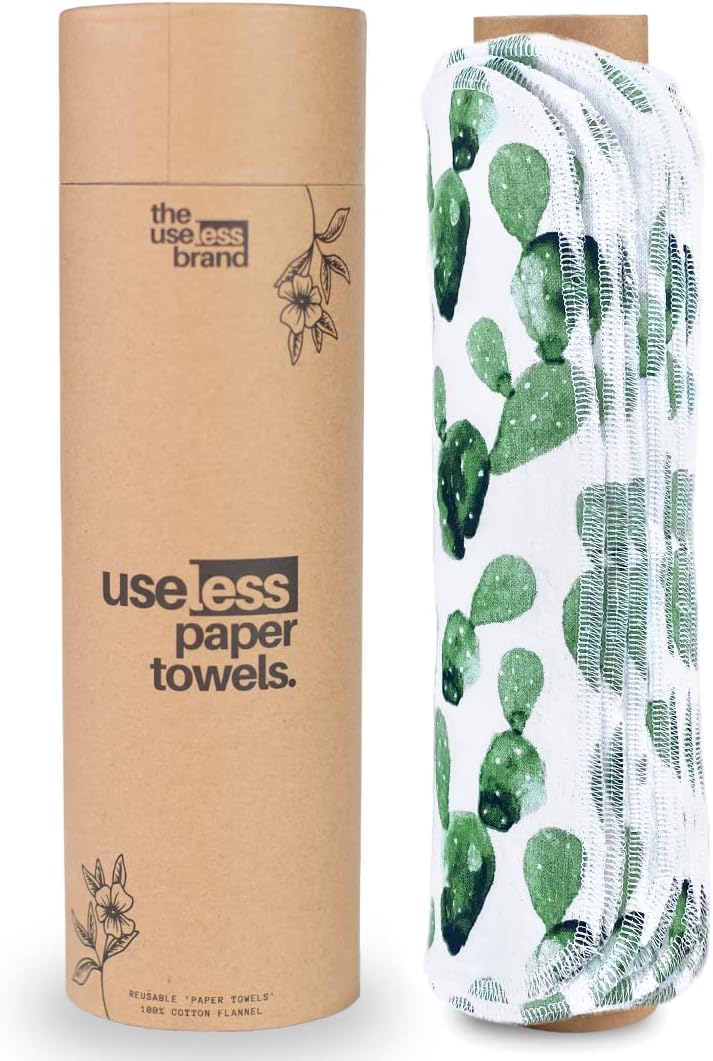 The Useless Brand Rollo de toallas de papel reutilizables, 12 toallas de franela de algodón lavables ecológicas con rollo de cartón, cero residuos y