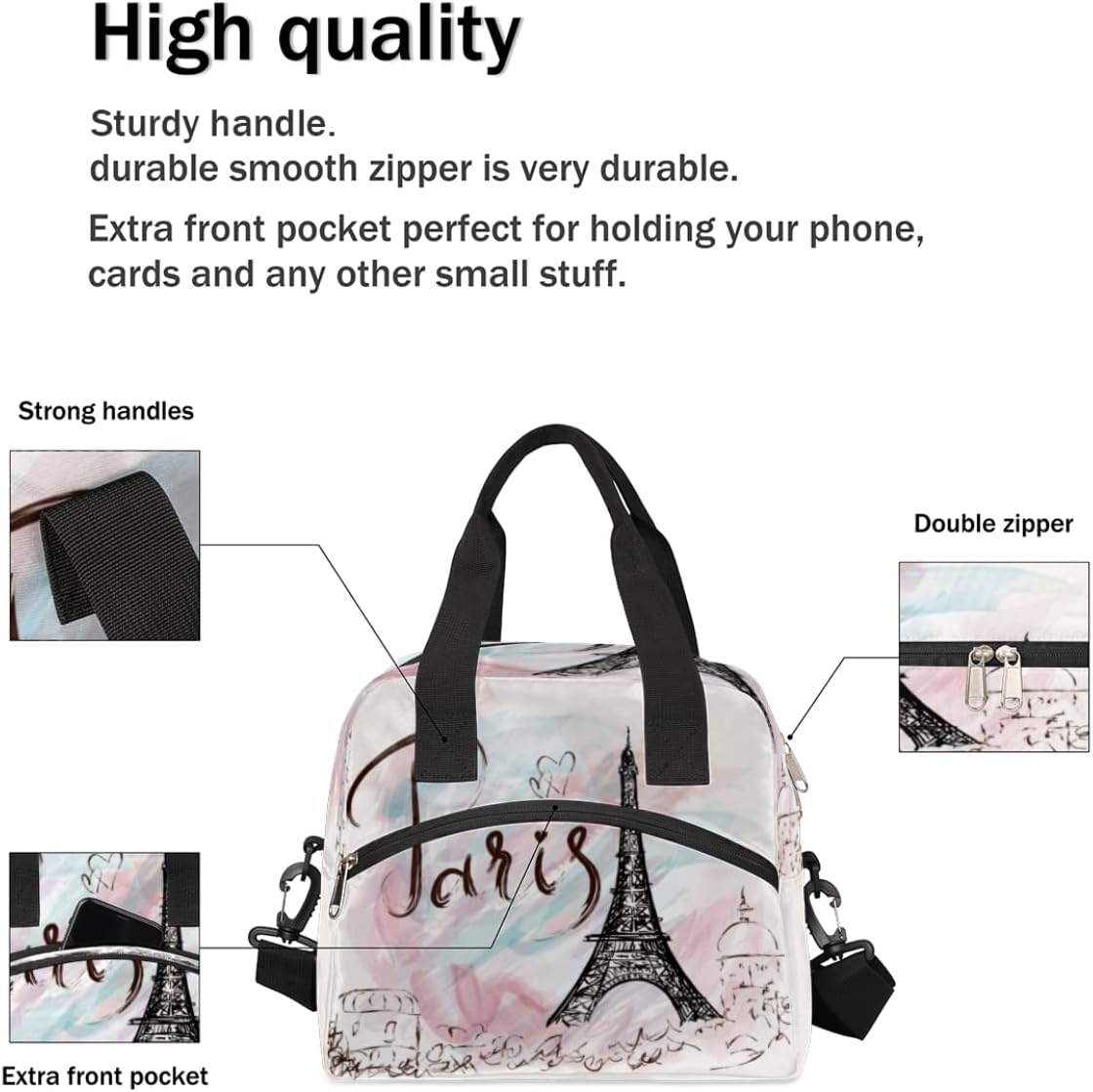 Bolsa de almuerzo con aislamiento térmico de la Torre Eiffel de París, para mujeres, hombres, niñas, niños, romántica bolsa de almuerzo con correa
