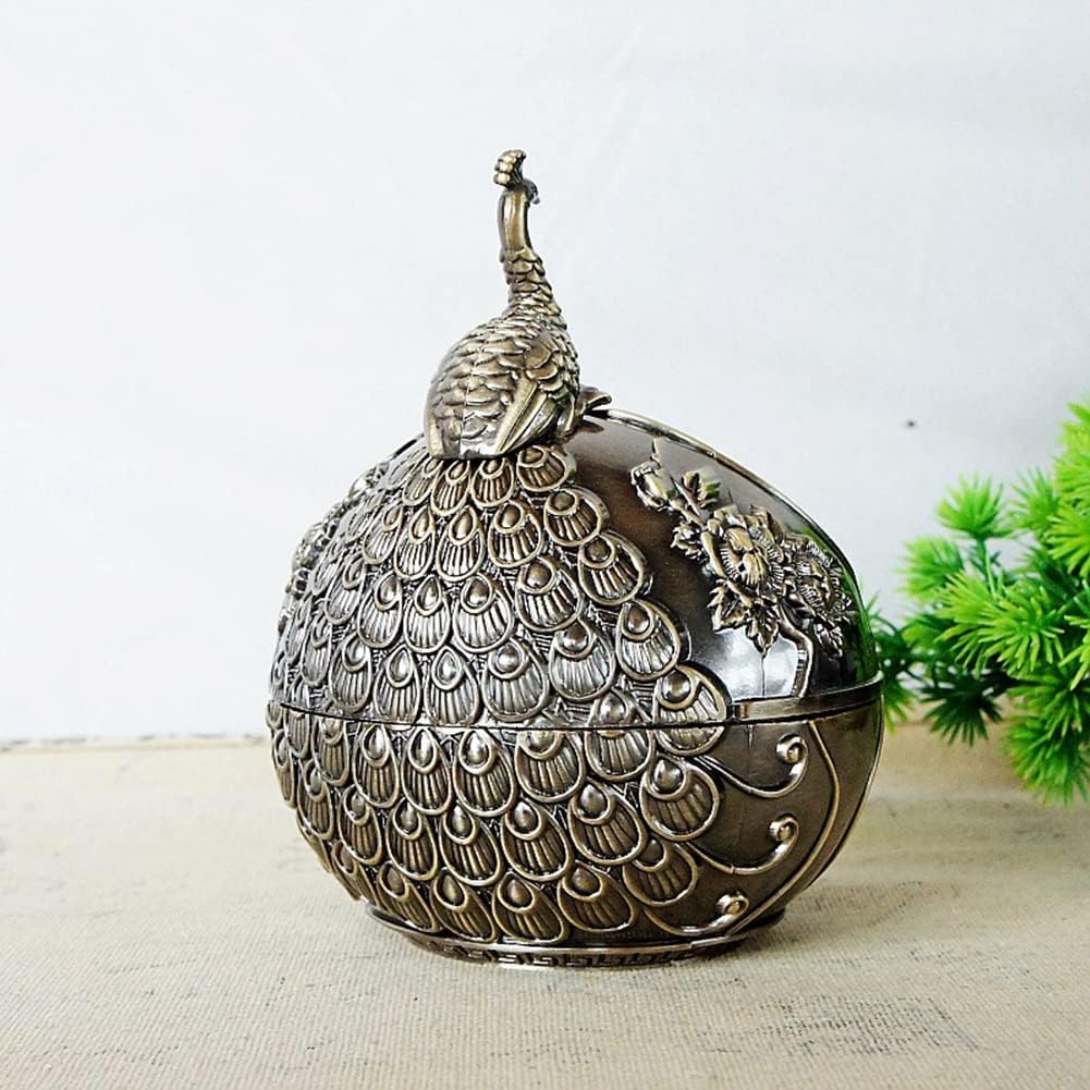 Willcome Cenicero vintage de pavo real con tapa, cenicero de metal resistente al viento, cenicero de escritorio para decoración del hogar y la