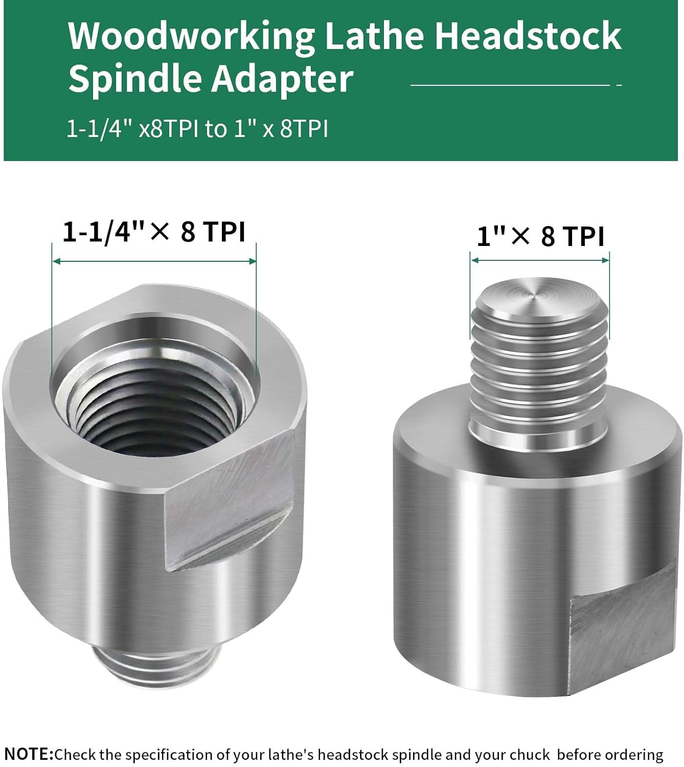 Adaptador de husillo de cabezal de torno, convierte 1-14 “x 8TPI a 1” x 8TPI para torno de carpintería