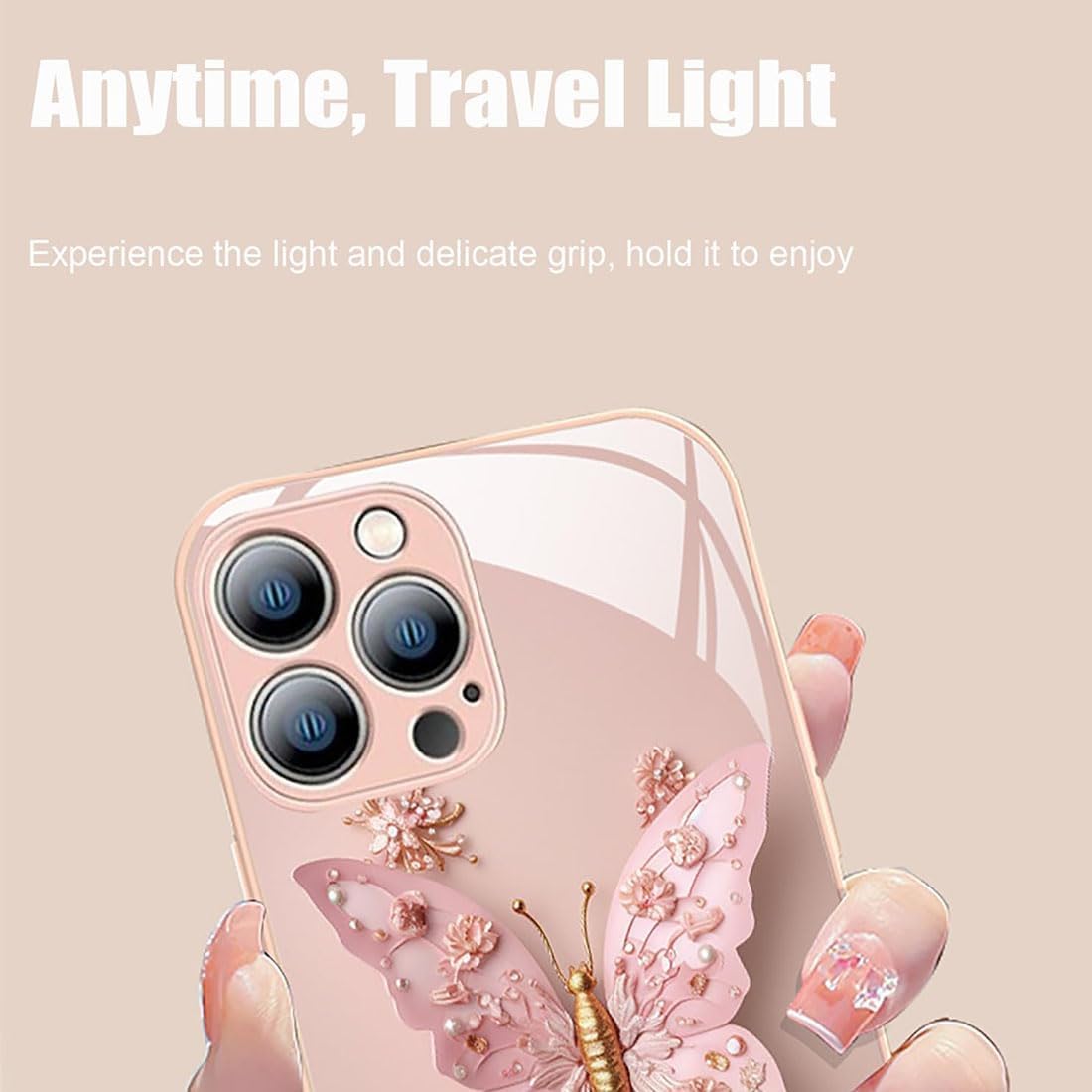 Funda de vidrio con patrón de mariposa 3D plana compatible con iPhone, funda para teléfono con cubierta de vidrio con patrón de mariposa (para