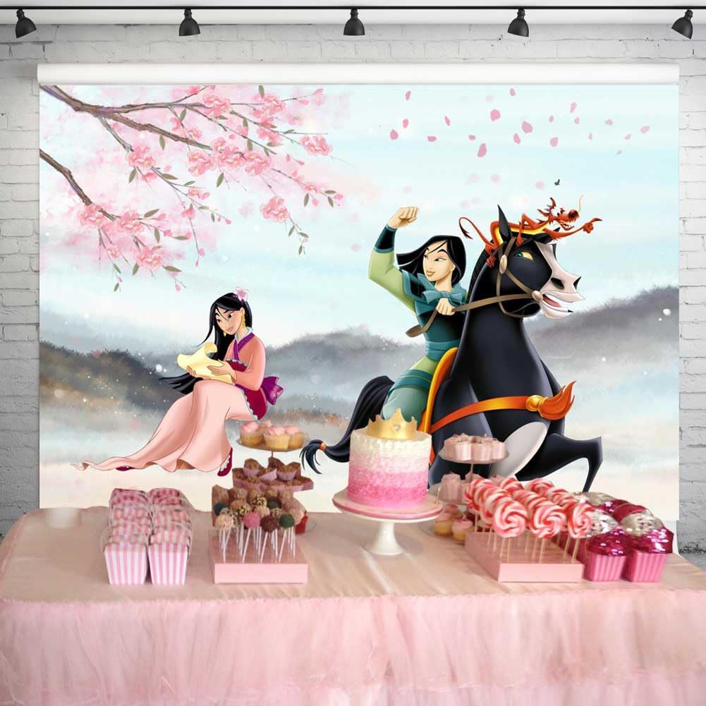 Telón de fondo de princesa Mulan para fiesta de primer cumpleaños, árbol florecido, cartel de baby shower para mesa de pasteles, 7 x 5 pies, 234