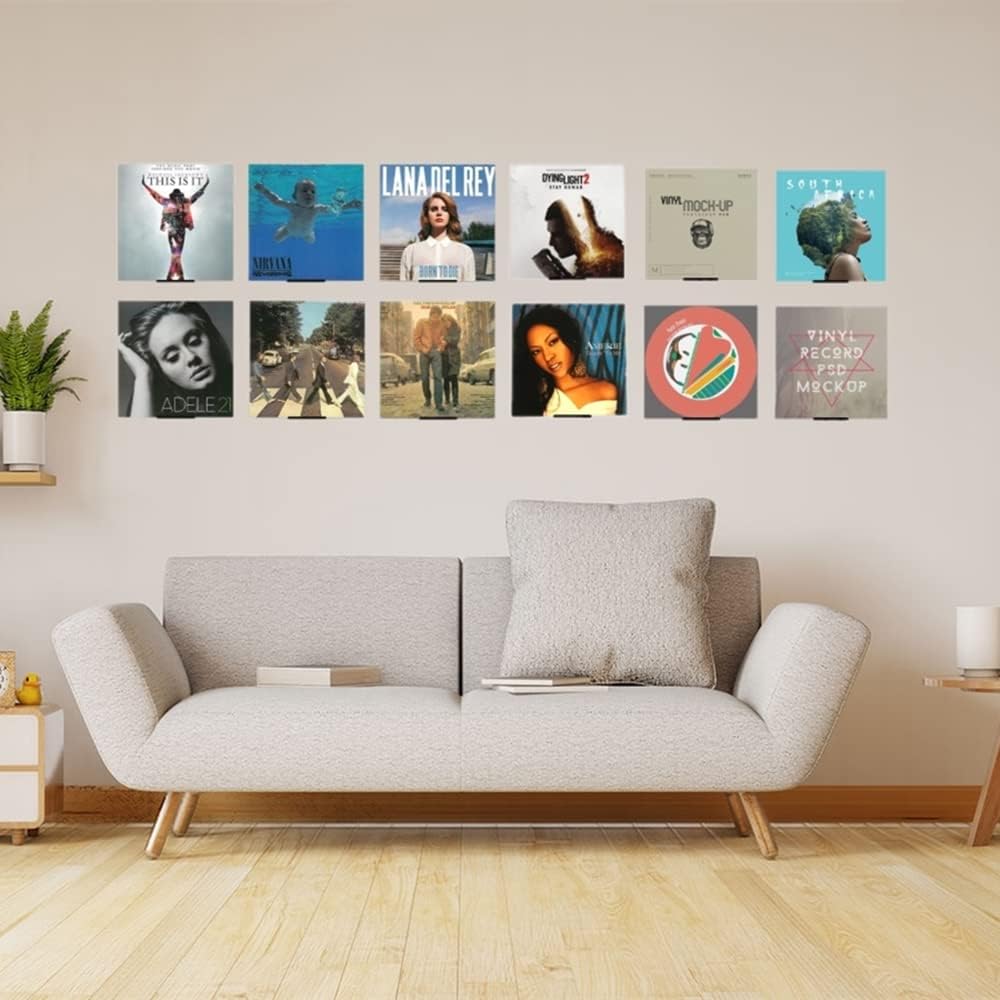 WANLIAN Estante de pared para discos de vinilo, paquete de 12 soportes para discos de vinilo acrílico, soporte de exhibición para álbumes LP (negro)
