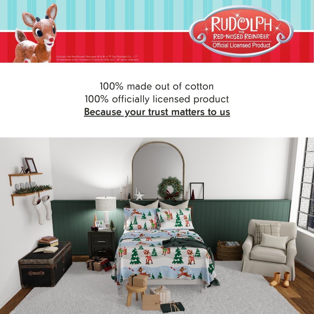 Franco Rudolph Holiday & Christmas Bedding – Juego de sábanas de franela 100% algodón súper suave, tamaño matrimonial, (producto oficial)