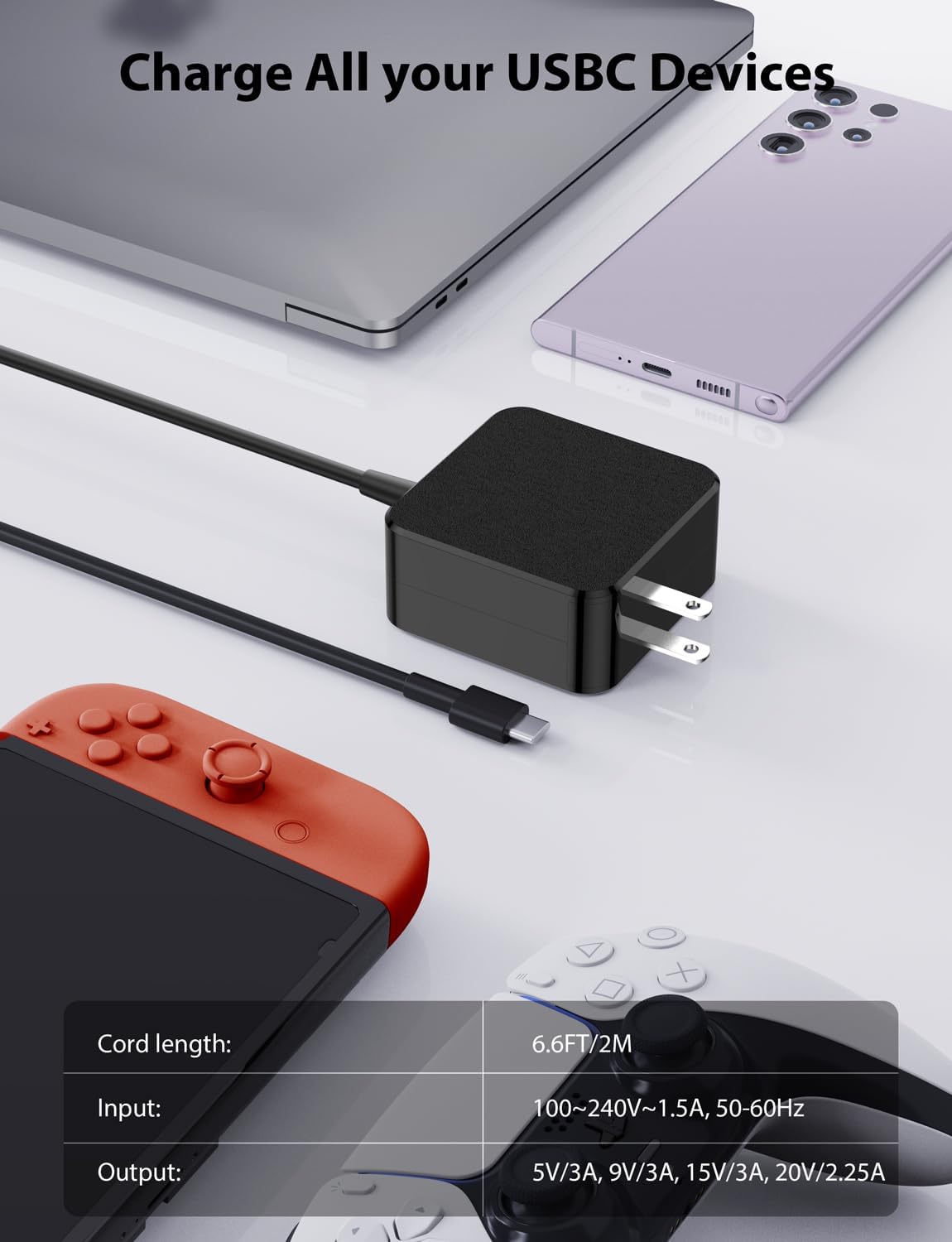 Cargador USB C de 45 W, adaptador de carga súper rápida de 6.6 pies6.6 ft de largo para S23 Ultra, S23+S23, portátil, tableta, cubierta de vapor,
