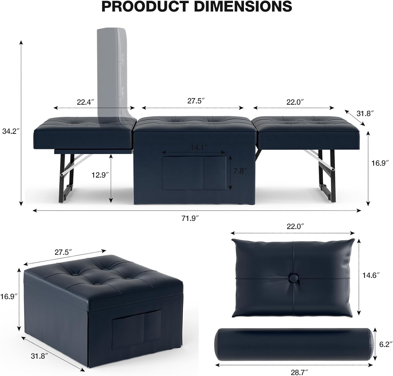 Sofá cama de piel sintética, silla convertible 4 en 1, cama otomana plegable multifunción con respaldo ajustable para sala de estar, apartamento y
