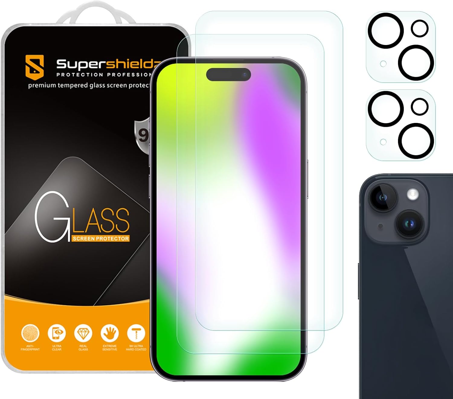 Supershieldz (2 unidades) Diseñado para iPhone 15 (6.1 pulgadas) + protector de pantalla de vidrio templado para lente de cámara, antiarañazos, sin